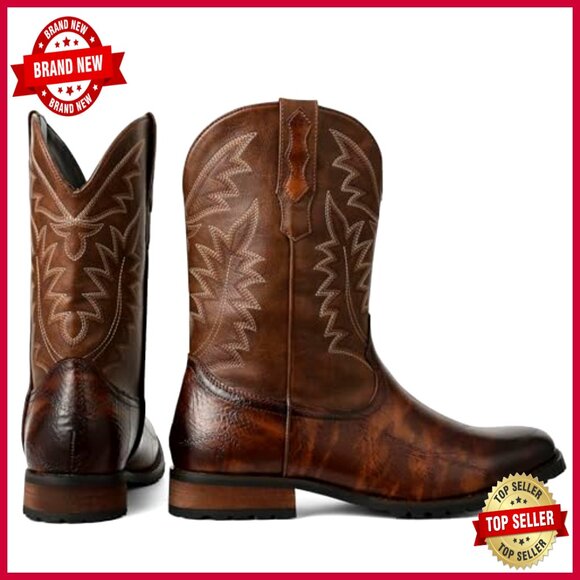 Men's Western Cowboy Boots Pull On Square Toe Chunky Heel Work Casual - Picture 4 of 6